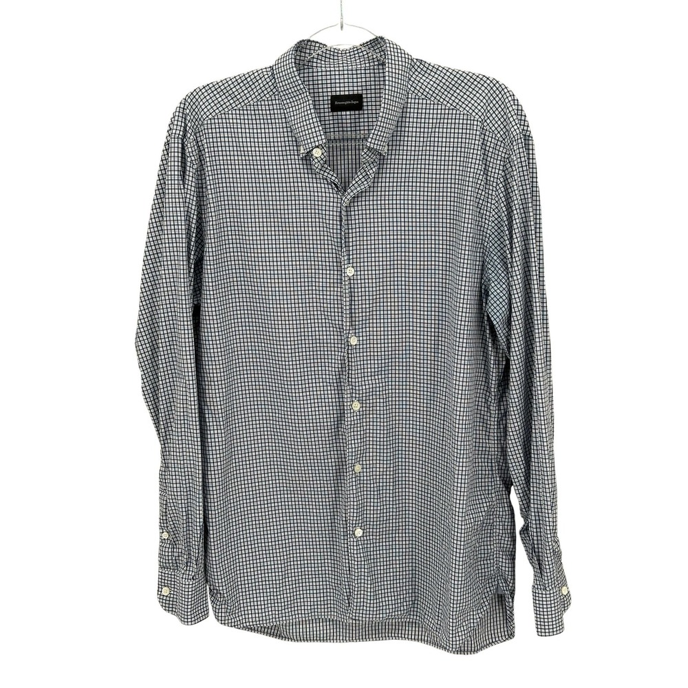 Ermenegildo Zegna Shirt Mens Large Blue White Check Long Sleeve Button Up Office